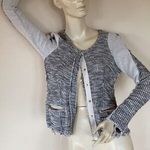 ANTHROPOLOGY  Cottonaire fringe snap jacket zippered pockets Black cream Small